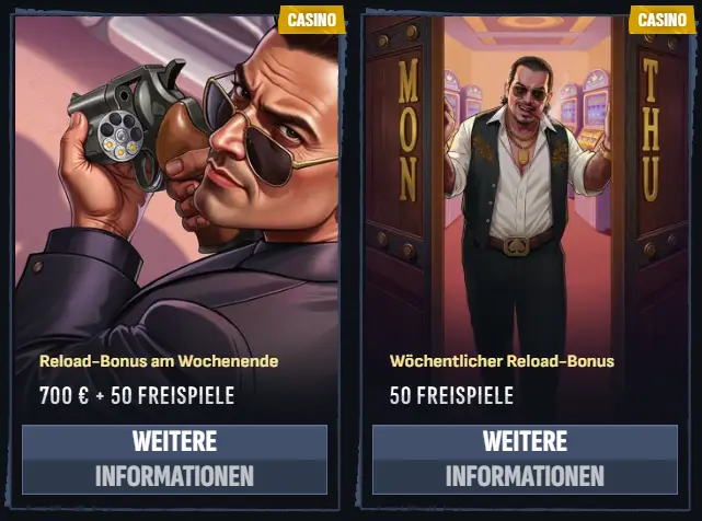 Banner für die wöchentlichen Reload-Boni im Mafia Casino.