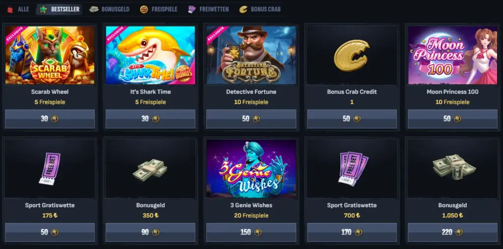 Der Bonusshop mit den verfügbaren Belohnungen.