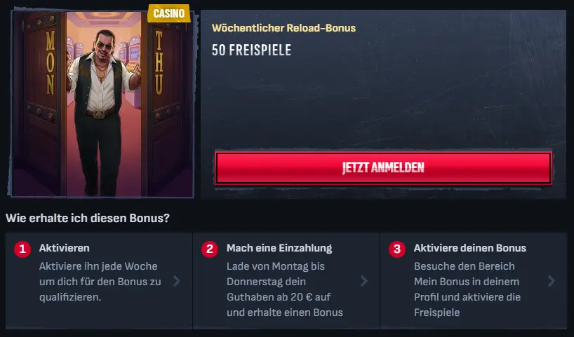 Banner für das wöchentliche Freispiele-Angebot bei Mafia Casino.