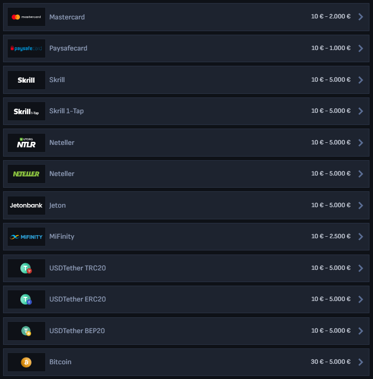 Die Liste einiger der verfügbaren Zahlungsmethoden.