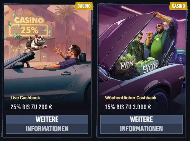 Banner für die Mafia Casino Cashback-Angebote.