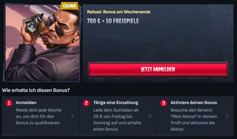 Banner für das Wochenend-Reload-Angebot im Mafia Casino.