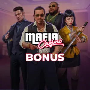 Animierte Mafia-Figuren und das Mafia Casino-Logo in der Mitte