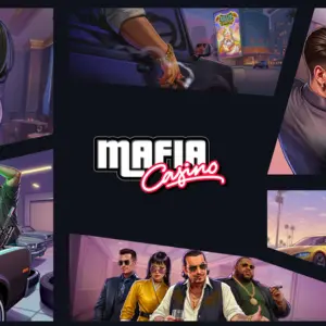 Animierte Mafia-Bilder und das Mafia Casino-Logo in der Mitte