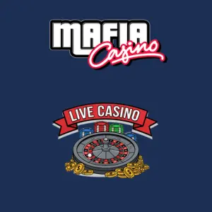 Mafia Casino-Logo über einem Live-Casino-Design mit einem Rouletterad und Spielautomaten-Symbolen.